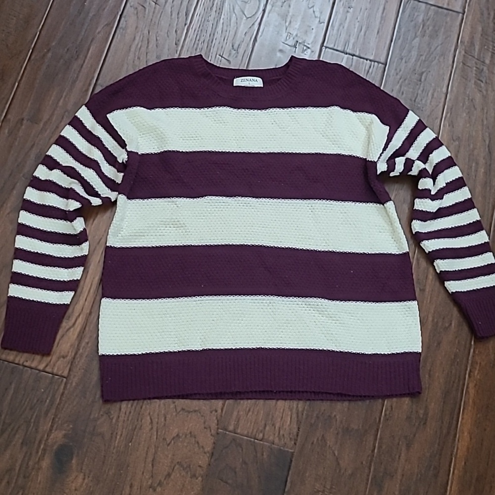 Zenana Deep Plum/Burgundy & Cream Striped Sweater size Large